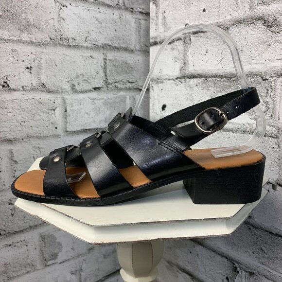 Vintage 90s Fishermans Sandals Black Leather Square Toe Low Block Heel - Picture 2 of 11